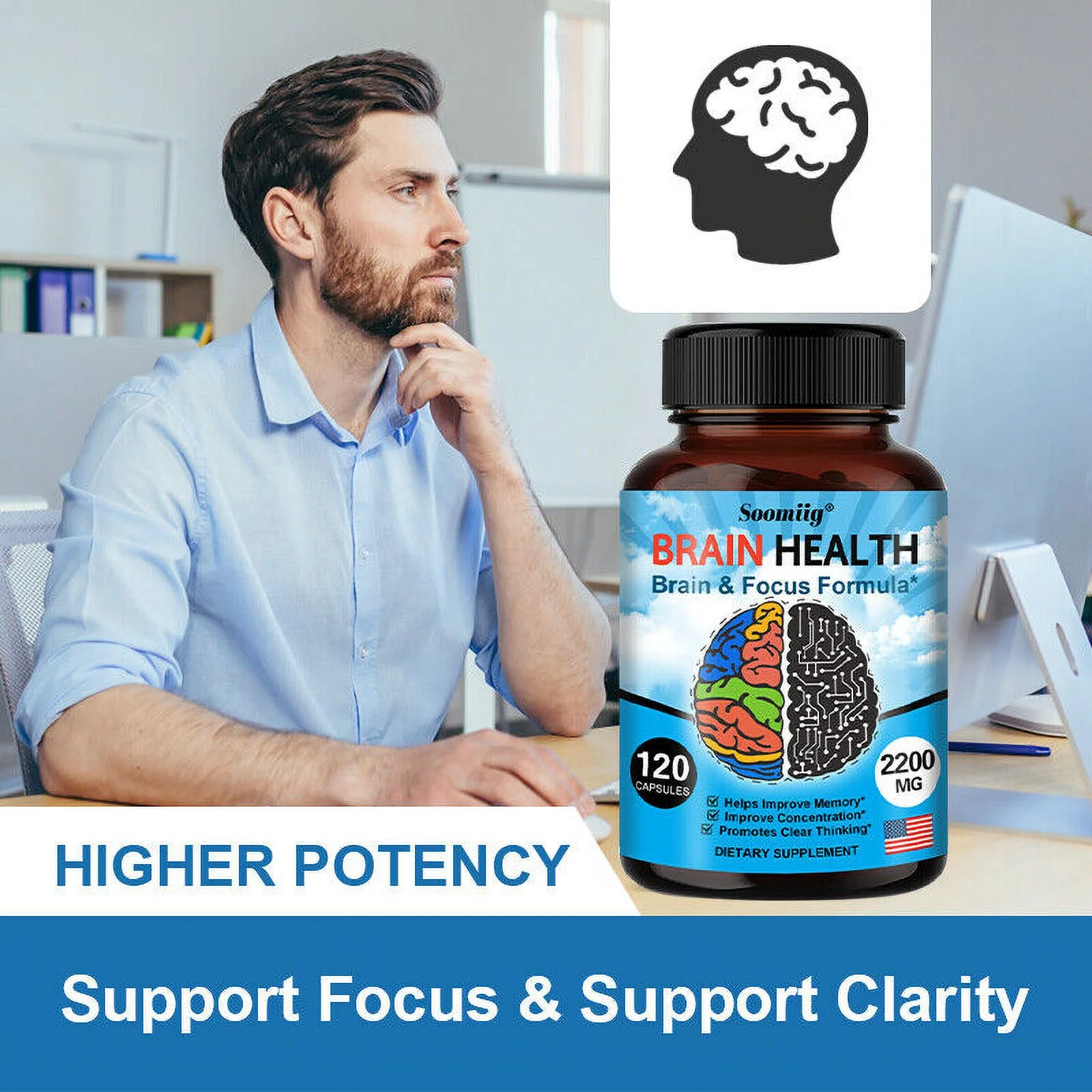 Brain Health Memory Booster, Focus Function, Clarity Nootropic Supplement 2200mg - 120 Capsules