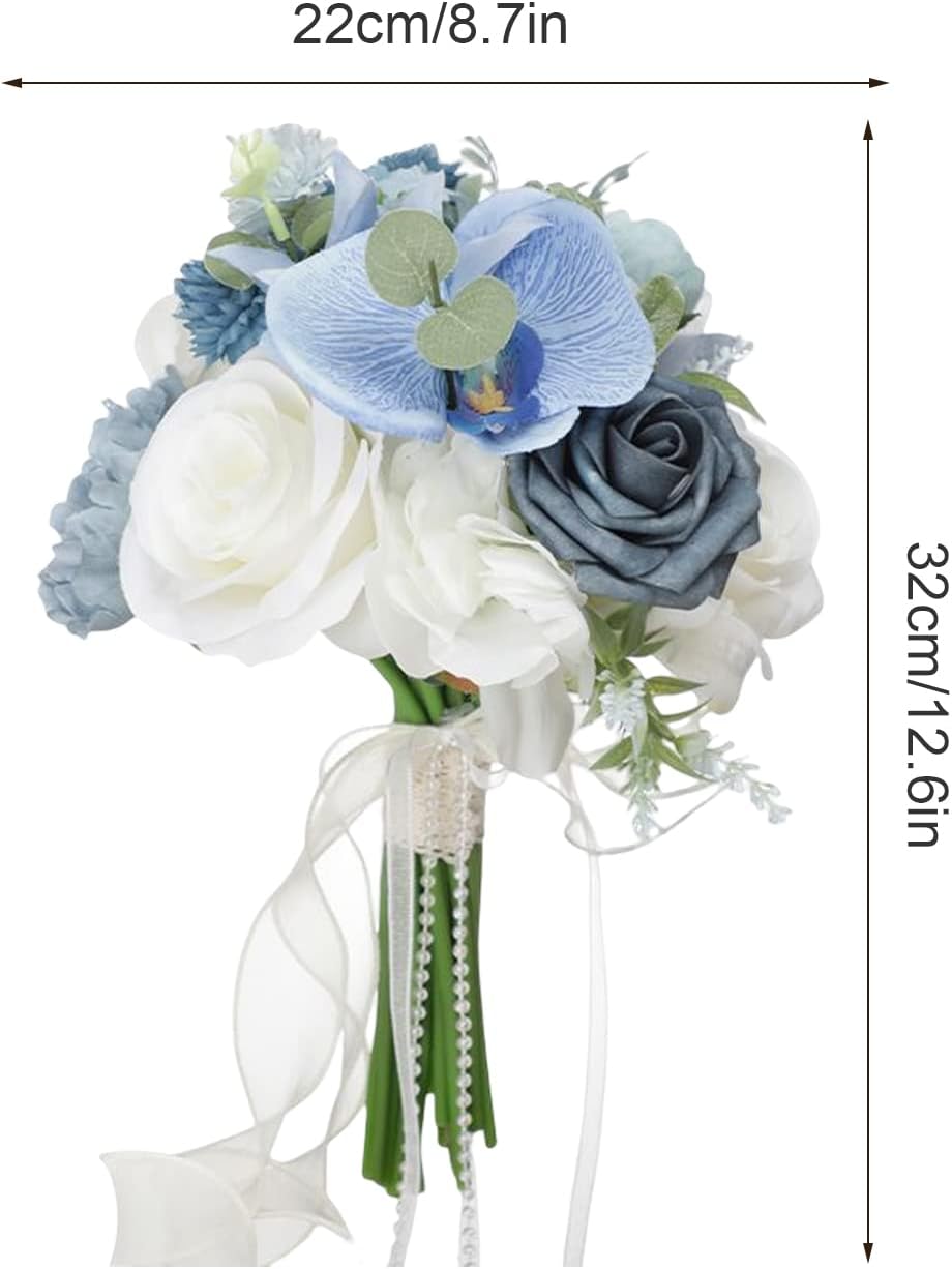 ZWMBYN 8.7 Inch Wedding Bouquets for Bride, Artificial Blooming Rose Bridesmaid Bouquet Silk Orchid Tossing Bouquets, Romantic Blue Bridal Bouquet for Wedding Party Church Ceremony Anniversary