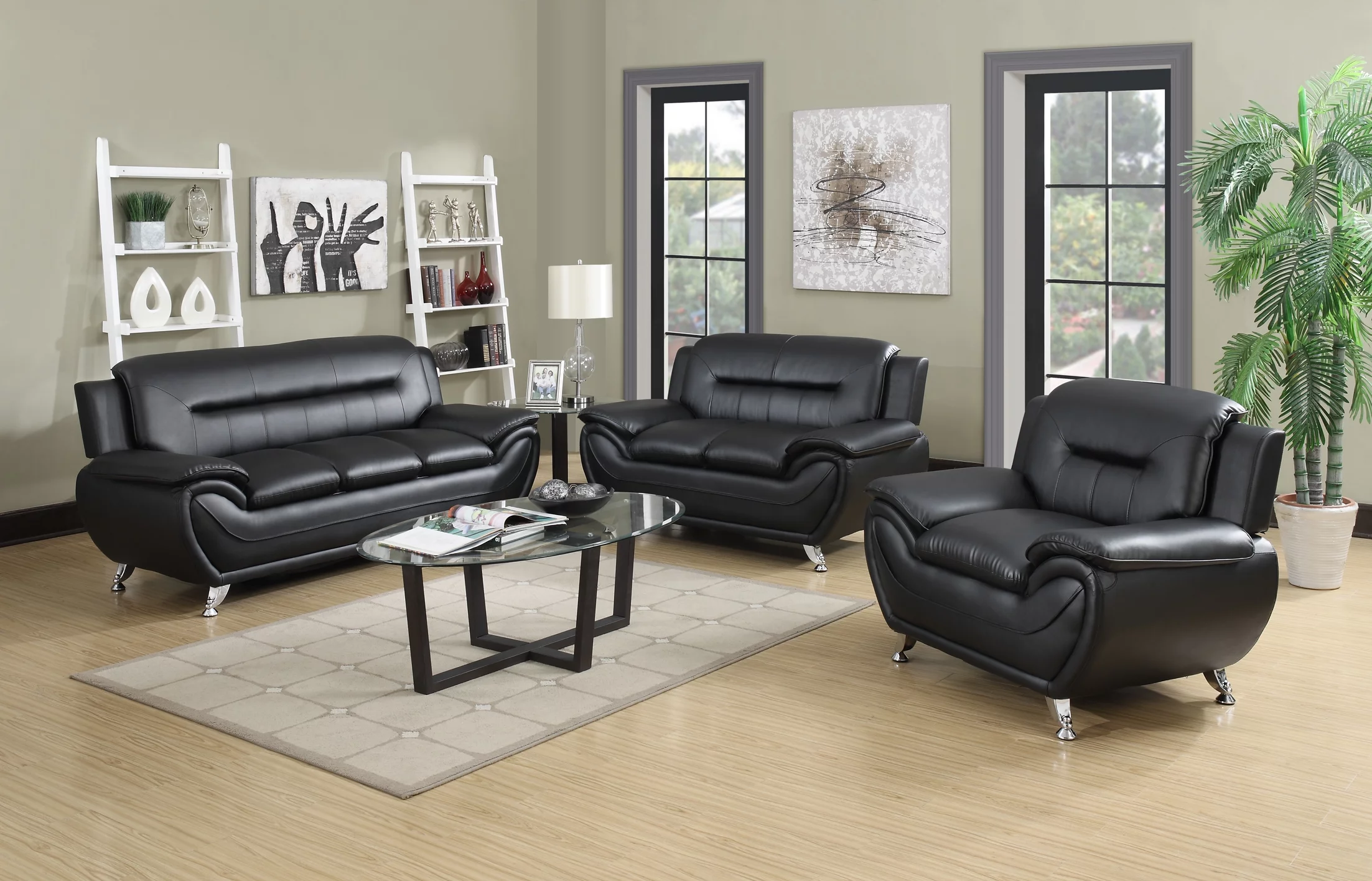 Uspridefurniture Sanuel  3Pcs Faux Leather Living Room Sets, Chair Loveseat Sofa,Black