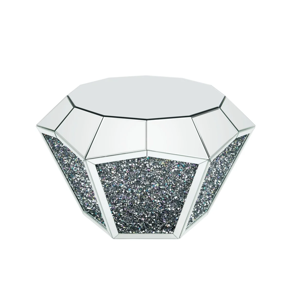 Mirror Octagonal Shape Coffee Table with Faux Diamond Inlays, Silver- Saltoro Sherpi