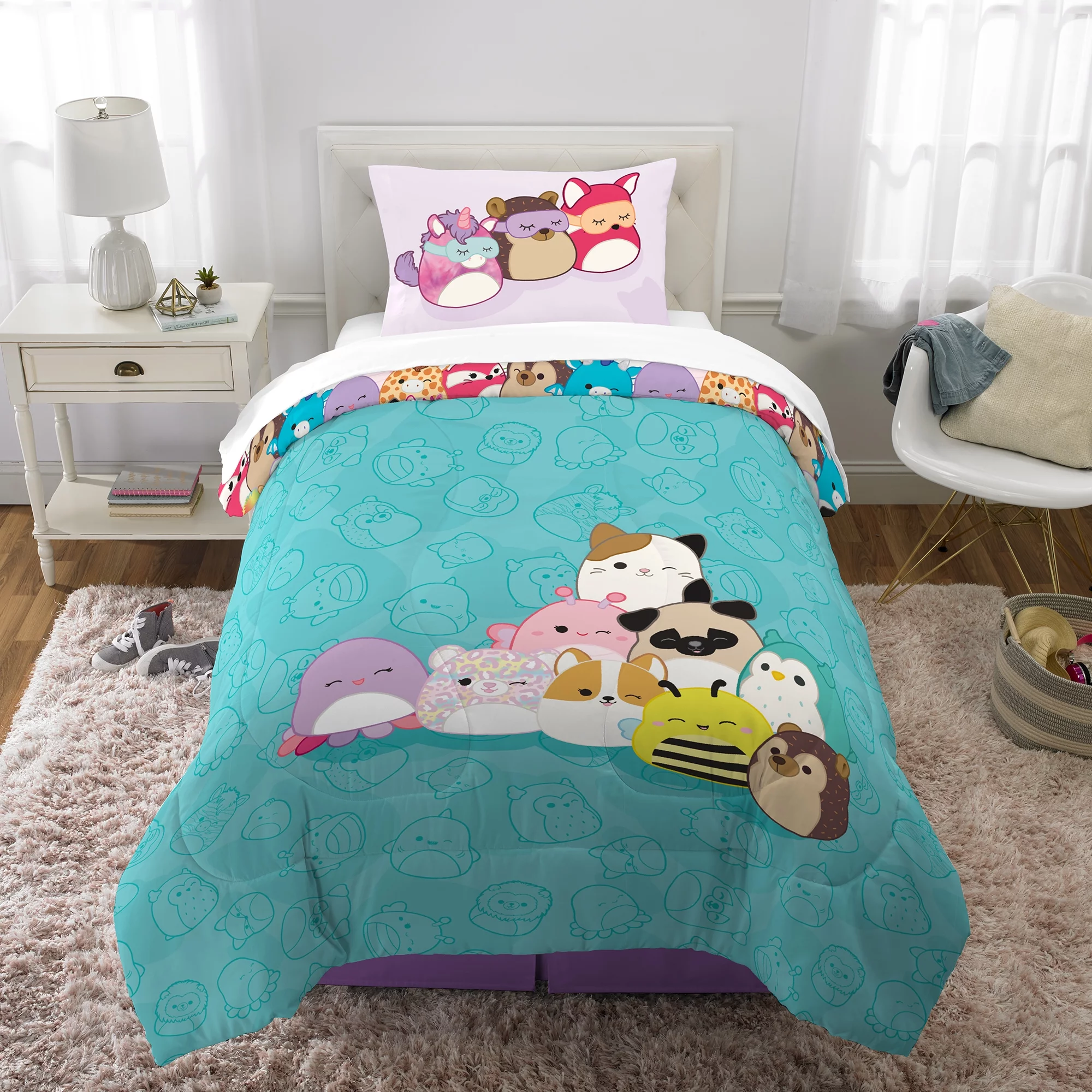 Squishmallows Comforter and Pillowcase, 2-Piece Set, Twin/Full, Reversible