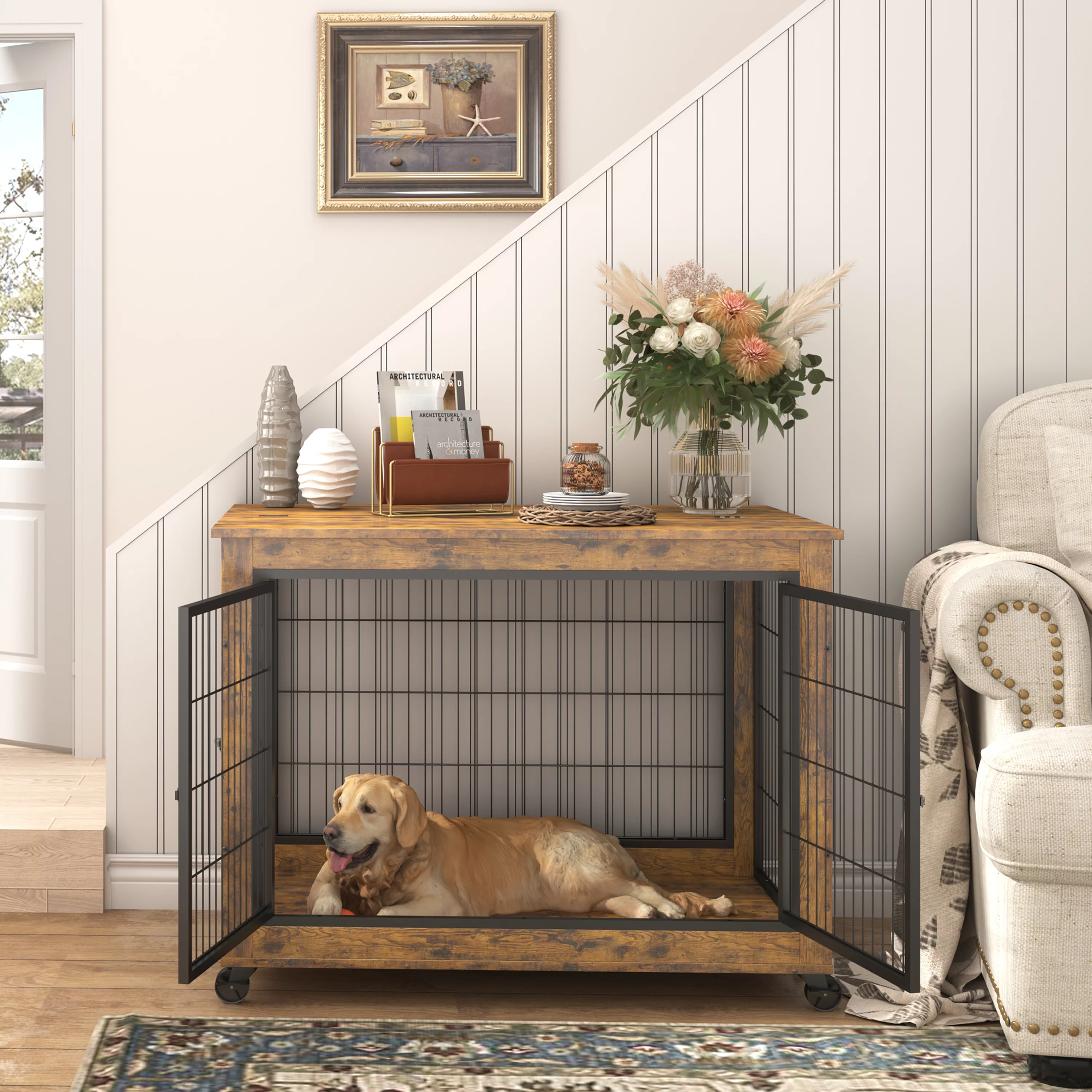 Syngar Dog Crate on Wheels, Wooden Dog Cage with Lockable Double Doors and Lift Top, Modern Home 2-in-1 Dog House End Table Furniture, Dog House for Small/Medium Sized Dogs, Rustic Brown, 38.58