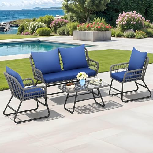 YITAHOME 4-Piece Patio Furniture Wicker Outdoor Bistro Set, All-Weather Rattan Conversation Loveseat Chairs for Backyard, Balcony and Deck with Soft Cushions and Metal Table, Light Brown+Black