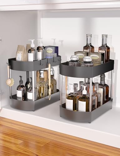 2 Pack Under sink organizers and storage for Kitchen, Bathroom, Cabinet, Enhanced structural design- Anti-corrosion- More space for storage- Black(under sink organizer-2)