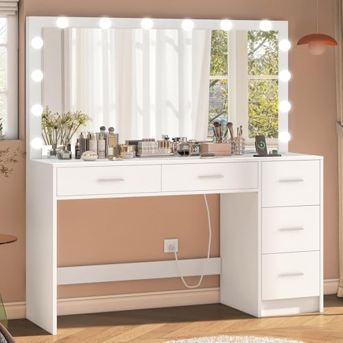 Makeup Vanity Desk with Mirror, 10 Lights, 5 Drawers, 3 Storage Shelves, 3 Color Modes & Adjustable Brightness Dressing Table, 35.4” Desk, Black