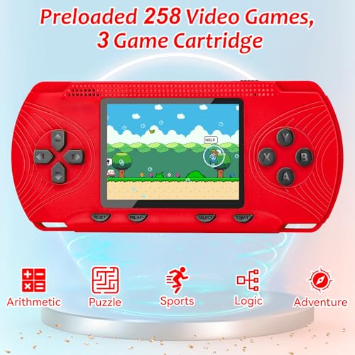 Handheld Game Console for Kids, Portable Hand Held Video Game Preloaded 258 Video Games & 3 Cartridges, 3.0'' Large Screen, Rechargeable Battery, Birthday Xmas Gift for Kids 4-12