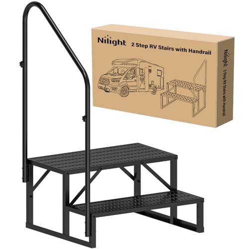 Nilight RV Steps with Handrail, 4 Steps Hot Tub Steps Outdoor RV Stairs Step Portable Mobile Motor Home Stairs for Camper Travel Trailers Dock Entry Steps 5th Wheel RV Porch with Anti-Slip Handrail