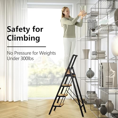 3 Step Ladder, Folding Step Stool with Anti-Slip Wide Sturdy Pedal and Handgrip, Multi-Use for Home and Kitchen Use, Space Saving-Woodgrain(300 lbs Capacity)