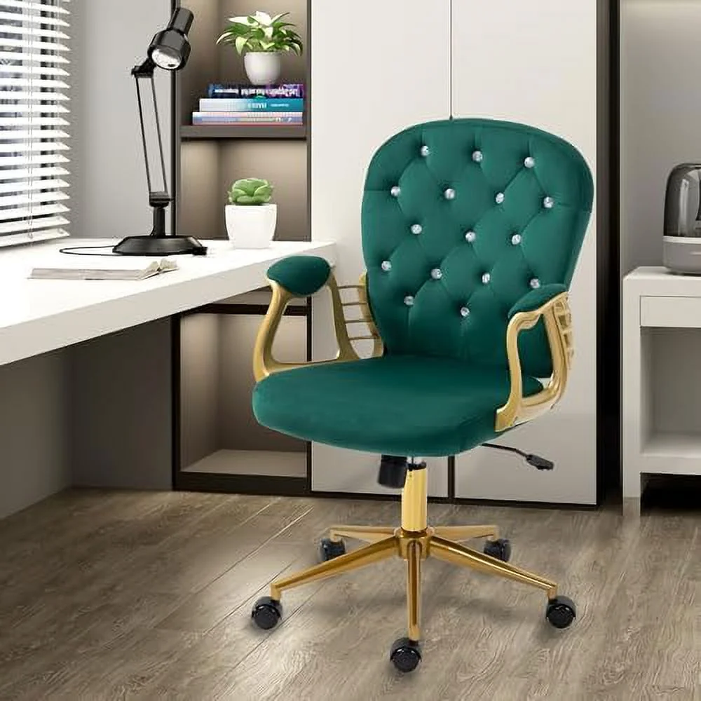 KHBIULIFE Velvet Office Chair with Wheels  Button Tufted Desk Chair with Gold Base  Cute Armchair Roller Chair Rolly Chair Vanity Chair with Back for Teen Girls Women  Tilt  Pink