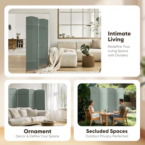 JOSTYLE Folding Privacy Room Divider, 4 Panel Screen Divider 6 ft. Tall Freestanding Extra Wide Rattan Room Partition Wall Separation Dividers, Grey