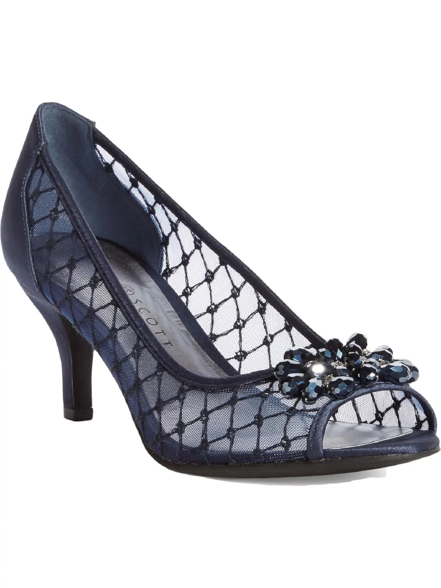 KAREN SCOTT Womens Navy Mixed Media Glass Brooch Maralyn Almond Toe Kitten Heel Slip On Dress Pumps 7 M