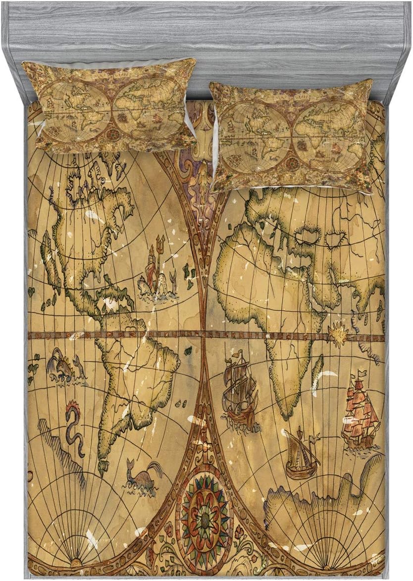 Ambesonne Vintage Fitted Sheet & Pillow Sham Set, Pirate Adventures Style Old World Map Medieval Cartography with Mystic, Decorative Printed 3 Piece Bedding Decor Set, Calking, Tan and Caramel