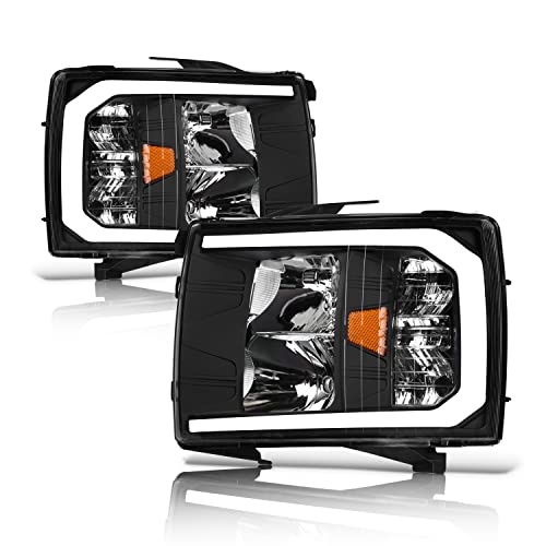 Alpha Owls 8712252 Crystal Headlights With Switchback Sequential LED Light Bar & Startup Light - Black Amber Fits 2007-2013 Chevy Silverado 1500/2007-2014 2500 3500 HD Halogen Models