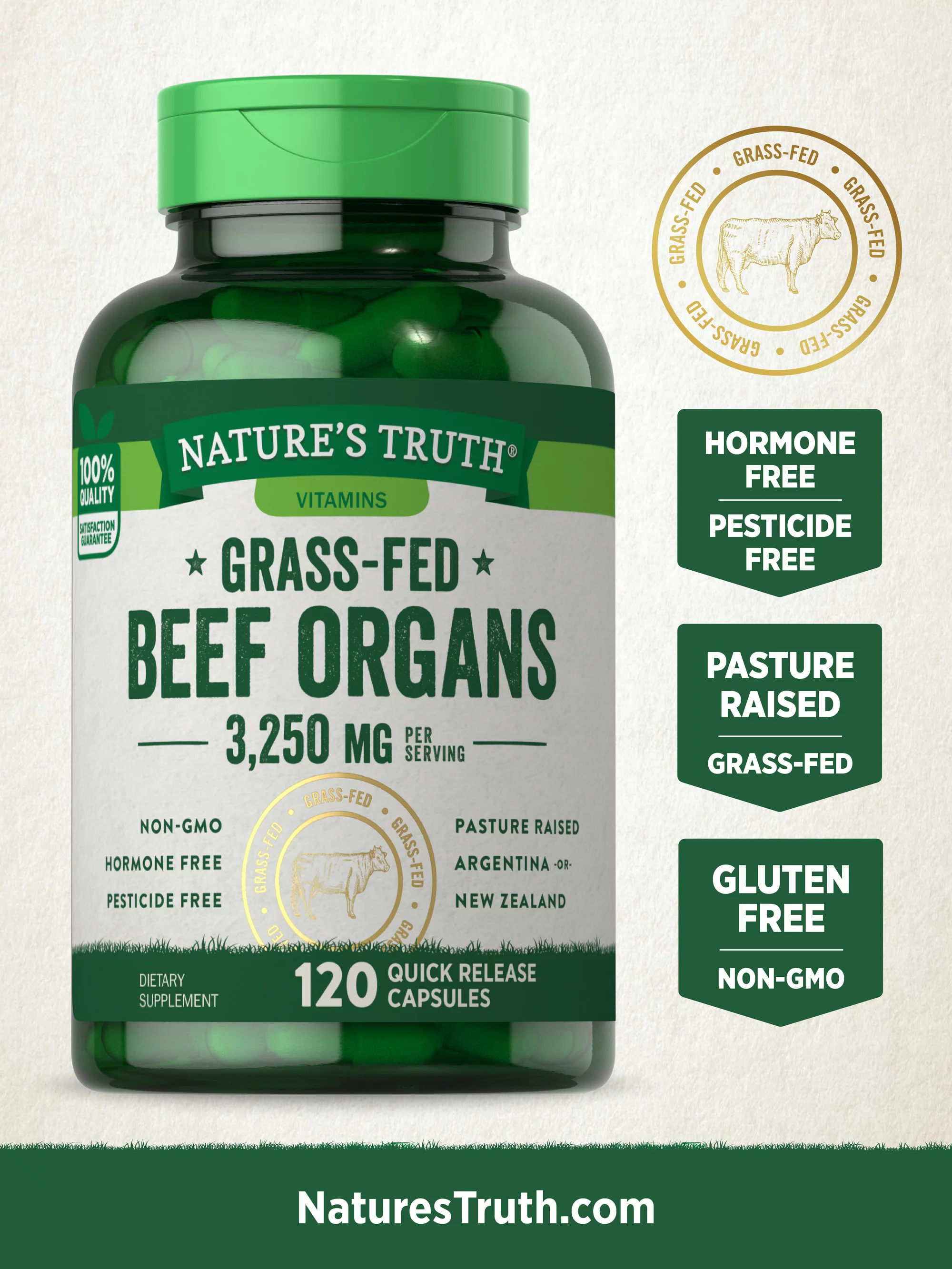 Grass Fed Beef Organs Capsules | 120 Count | 3250mg Complex of Liver, Heart, Kidney, Pancreas, Spleen | Non-GMO & Gluten Free Supplement | by Nature's Truth