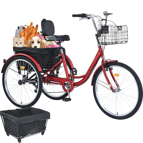 Upgraded Adult Tricycle, 7 Speed Tricycle for Adults with Front & Rear Baskets, 3 Wheel Bikes for Adults, Adult Tricycles for Women Men Seniors, Adult Trike, 26 inch Three Wheel Bikes