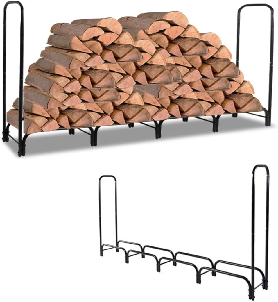 PCAFRS 8ft Firewood Rack for Fireplace Heavy Duty Log Indoor Outdoor Wood Storage Holder Easy Assemble Fire Wood Rack for Patio Deck Log Storage Stand, Black
