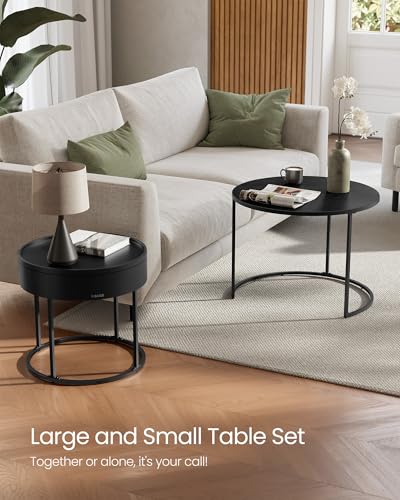 VASAGLE Round Coffee Tables, Set of 2 Nesting Tables, Modern Round Side Tables with Hidden Storage and Top Tray, for Living Room, Bedroom, Office, Ebony Black and Ink Black ULCT044B56
