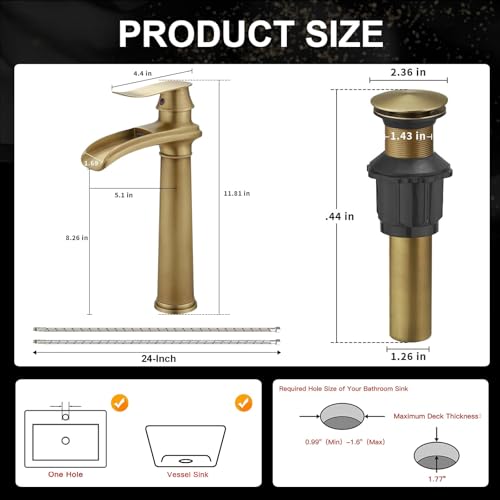 Bathroom Vessel Sink Faucet, Waterfall Oil Rubbed Bronze Bathroom Faucet, Vessel Faucet, Tall Body 1 Hole Single Handle with Pop Up Drain Combo Vanity Mixer Tap Basin Bowl Sink