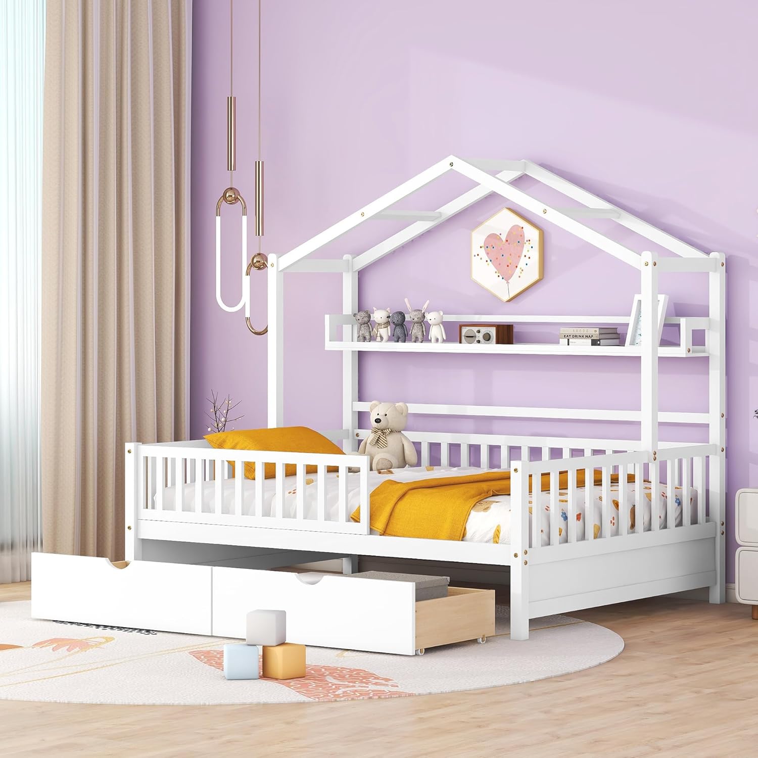 Wooden Full Size House Bed Frame with 2 Drawers and Storage Shelf, Platform Full Beds with Roof and Safety Gurduarls, for Kids, Boys, Girls, No Spring Box Needed, Easy Assemble