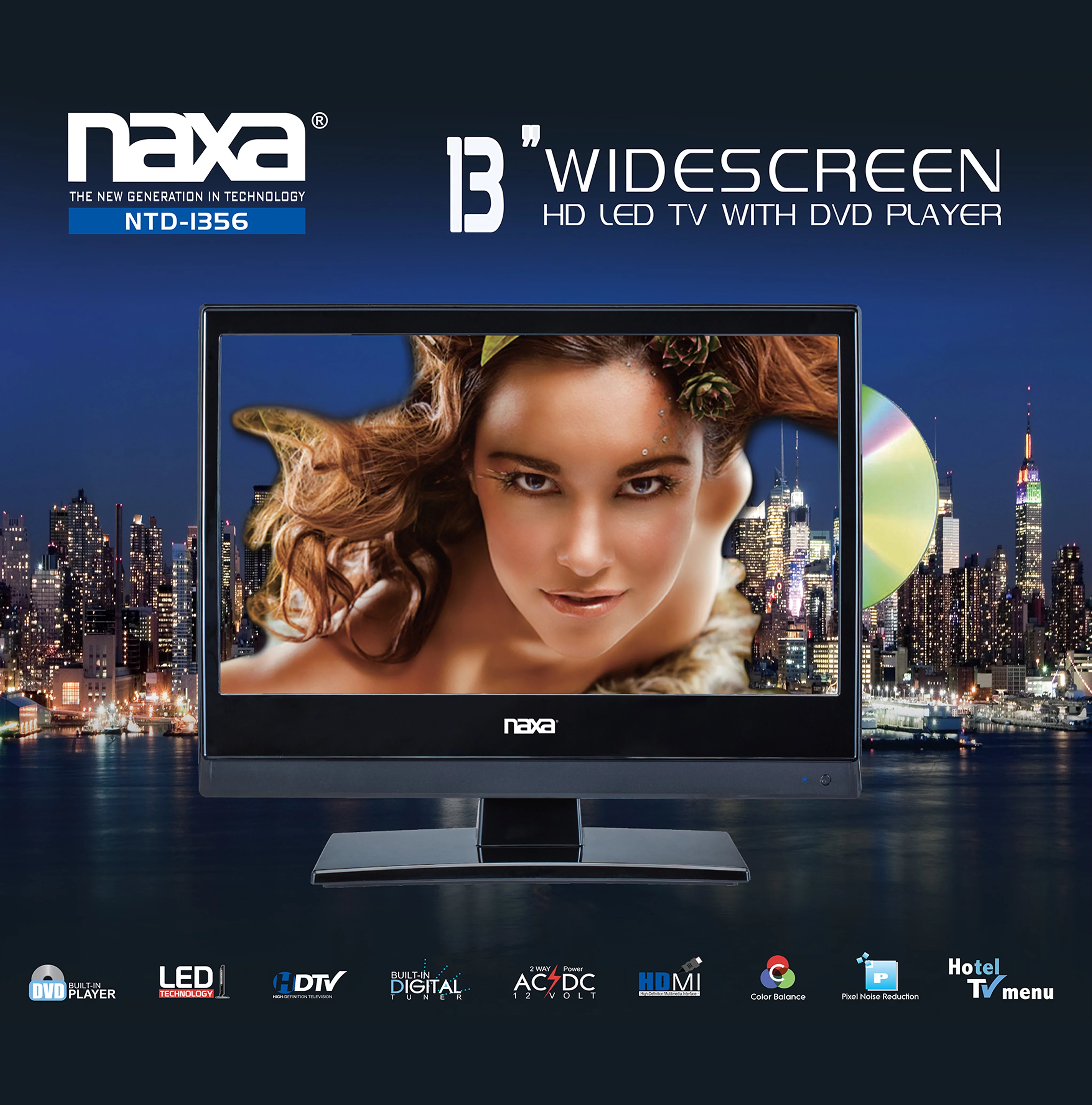 Naxa Electronics NTD-1356 13.3” LED Widescreen HD TV LED TV with DVD Player + AC/DC Car Package