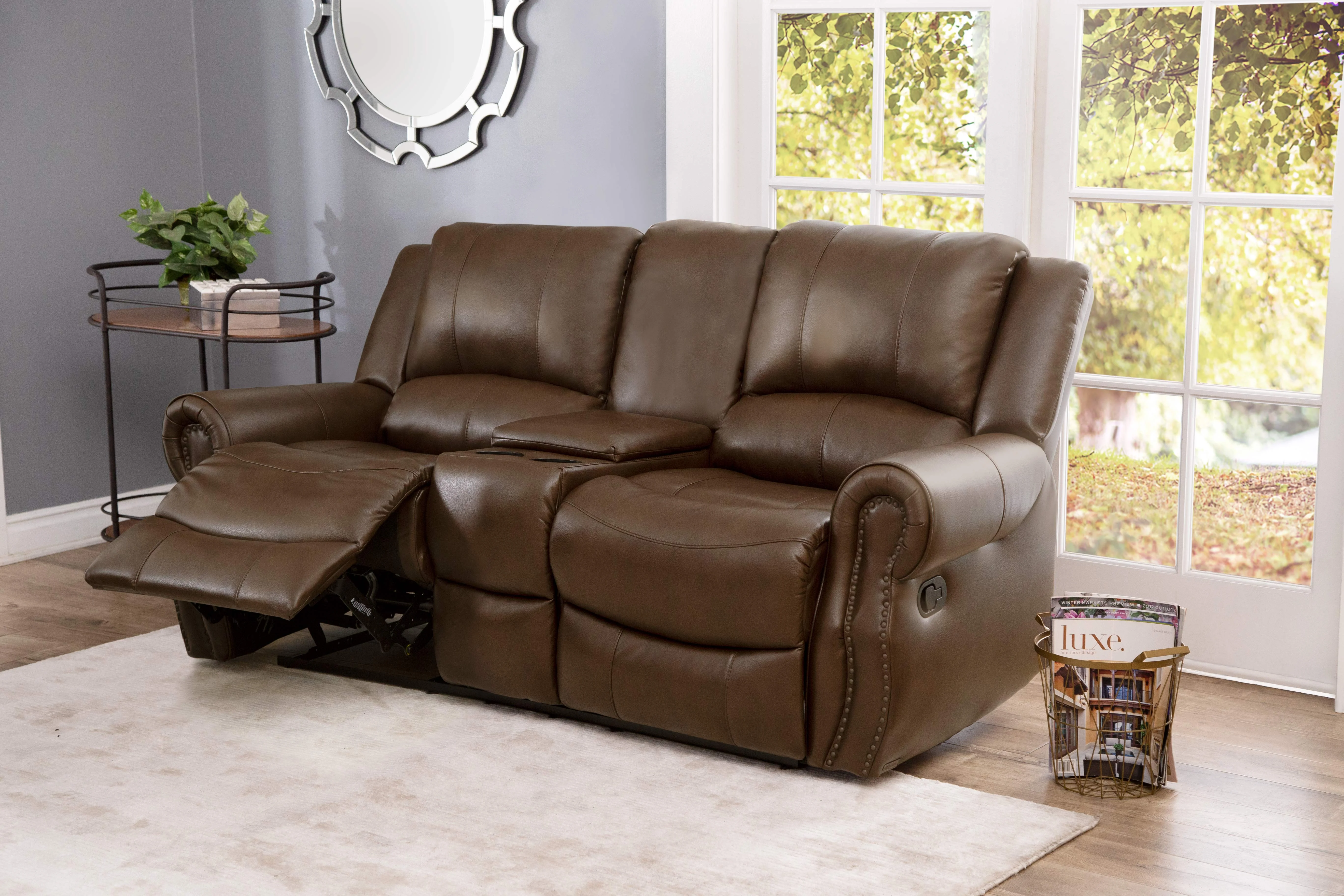 Devon and Claire Kanan Mesa Camel Reclining Console Leather Loveseat