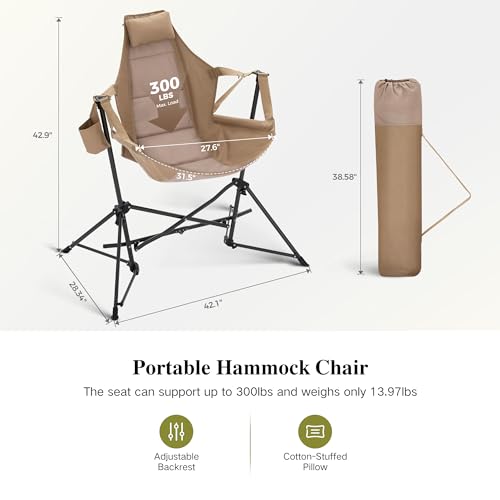 Hammock Camping Chair, Adjustable Back Swinging Chair, Folding Outdoor Rocking Chair, Heavy Duty Portable Camp Chair with Cup Holder and High Back for Adults, Blue