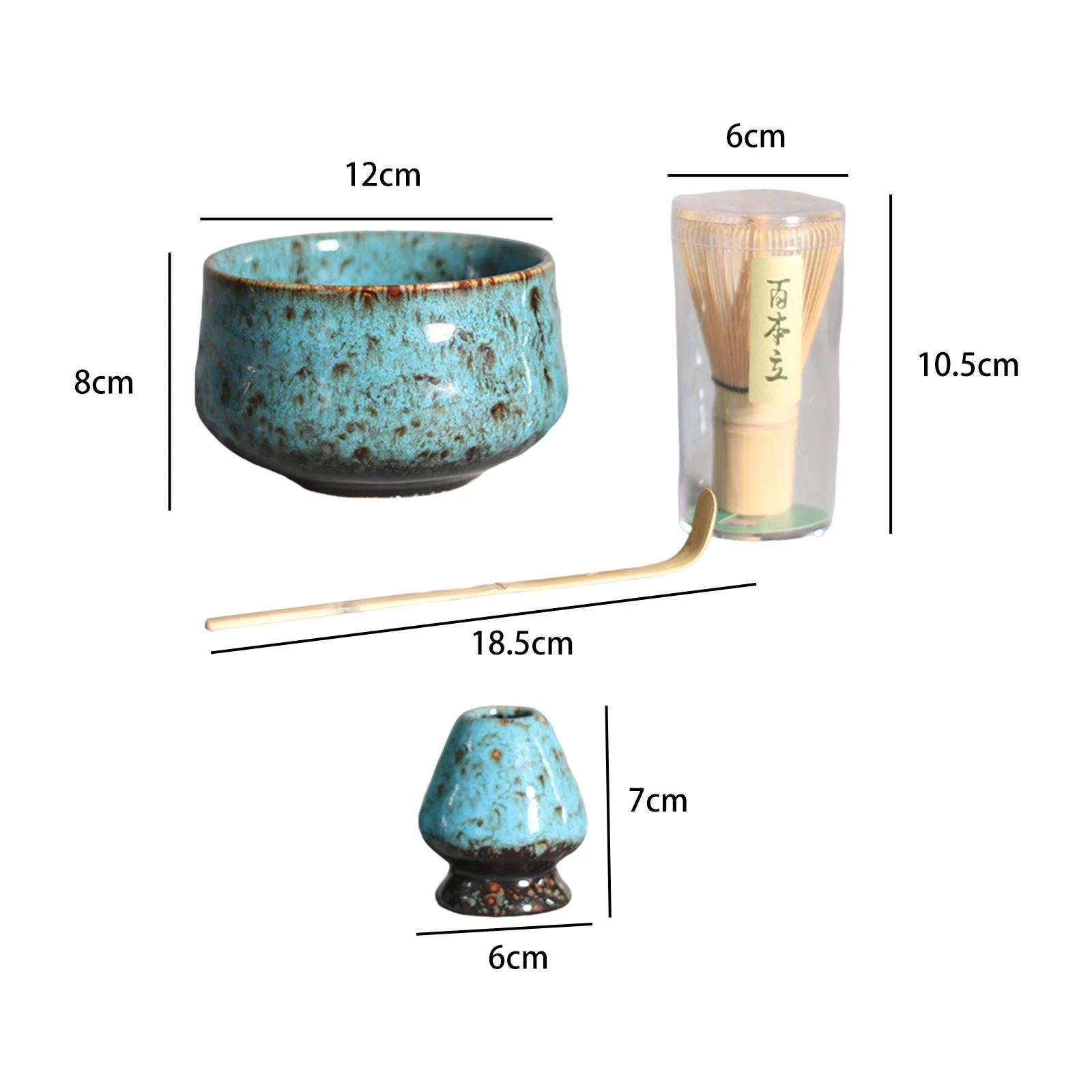 4 Pieces Matcha Set Tea Spoon Traditional , Matcha Bowl, Whisk Holder, Ceramics Blue