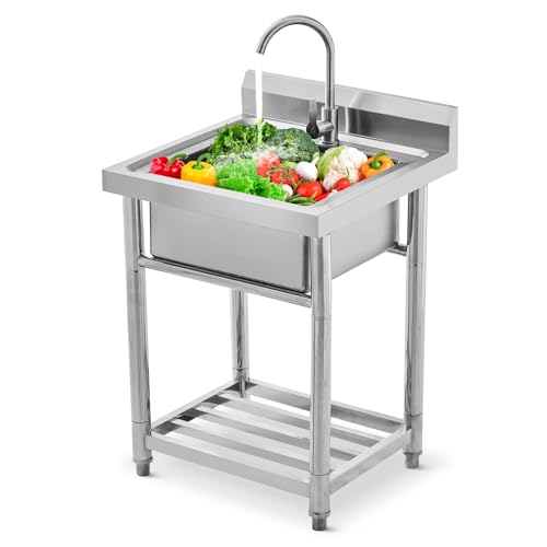 Utility Sink Stainless Steel Free Standing Single Bowl Laundry Outdoor Commercial Kitchen Sink with Cold Hot Pipe for Bar, Garage, Restaurant, Kitchen, Laundry Room, Outdoor, 20