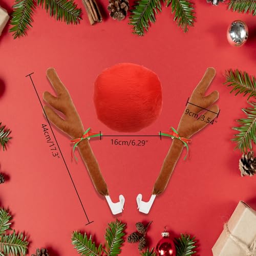 Christmas Reindeer Antlers Car Decoration Kit Plush Rudolf Auto Reindeer and Red Nose Set with Jingle Bells - Best Chrictmas Gift Choice