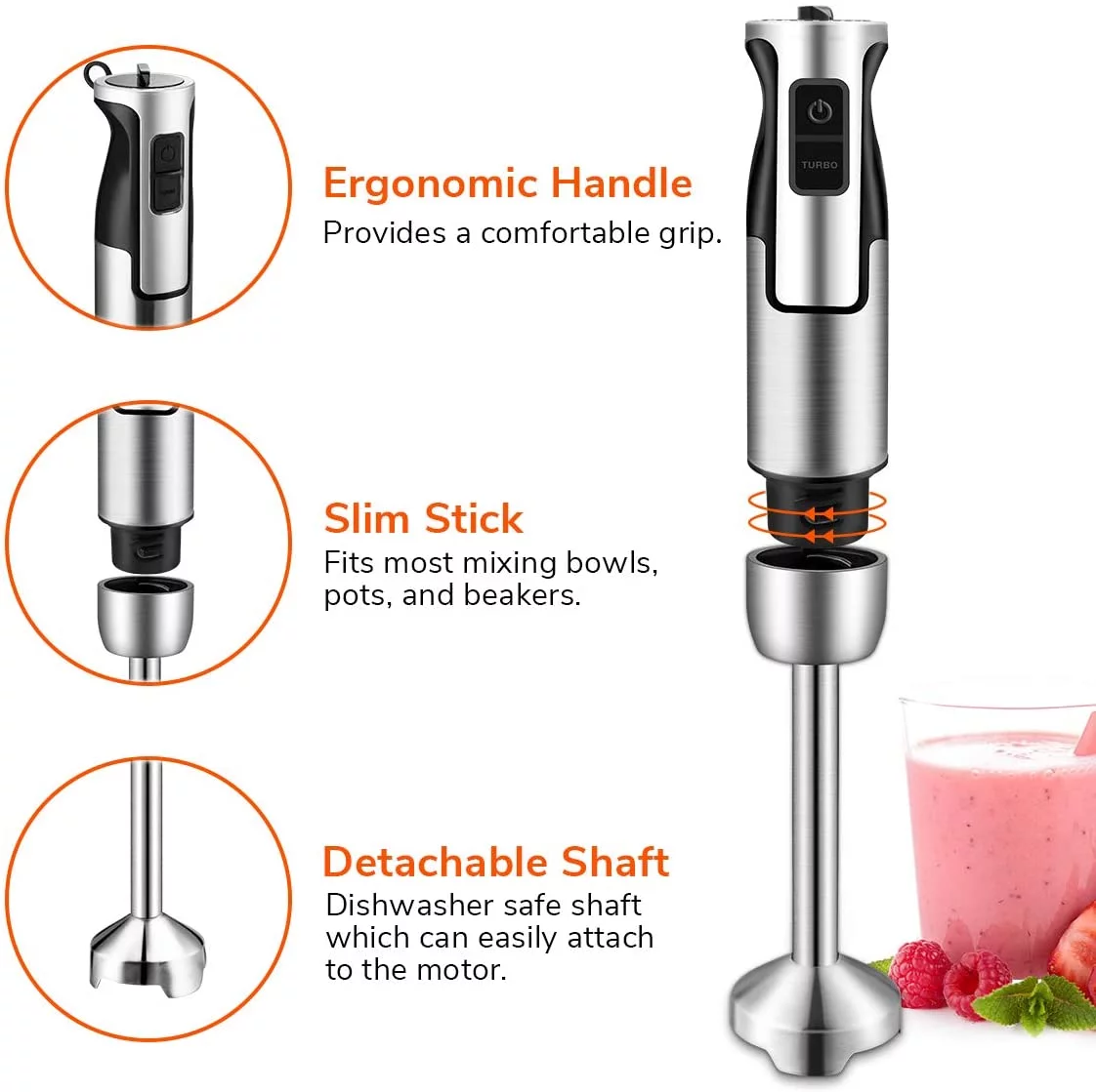 Hand Immersion Blender 500 Watt 8 Speed Control, Handheld Blender Smart 2-in-1 Stick Blender Stainless Steel With Whisk
