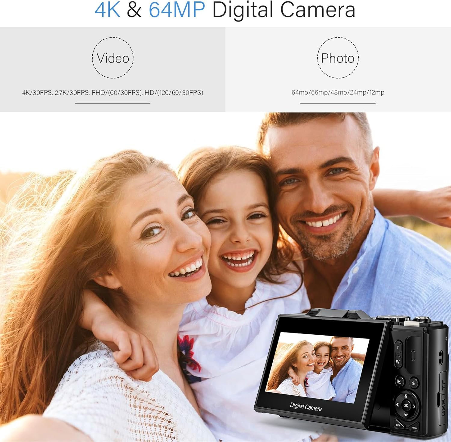 4K Digital Camera for Photography, 64MP Vlogging Camera for YouTube with 18X Zoom, Auto-Focus 4K Video Camera with 32GB SD Card, 3.0 inch Flip Screen Compact Camera with 2 Batteries