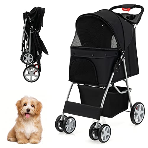 S AFSTAR 4 Wheels Pet Stroller, Folding Cat Dog Stroller W/Storage Basket & Tray, Adjustable Canopy, All-Terrain EVA Wheels, Foldable Carrier Strolling Cart for Medium Small Dogs Cats Travel (Black)