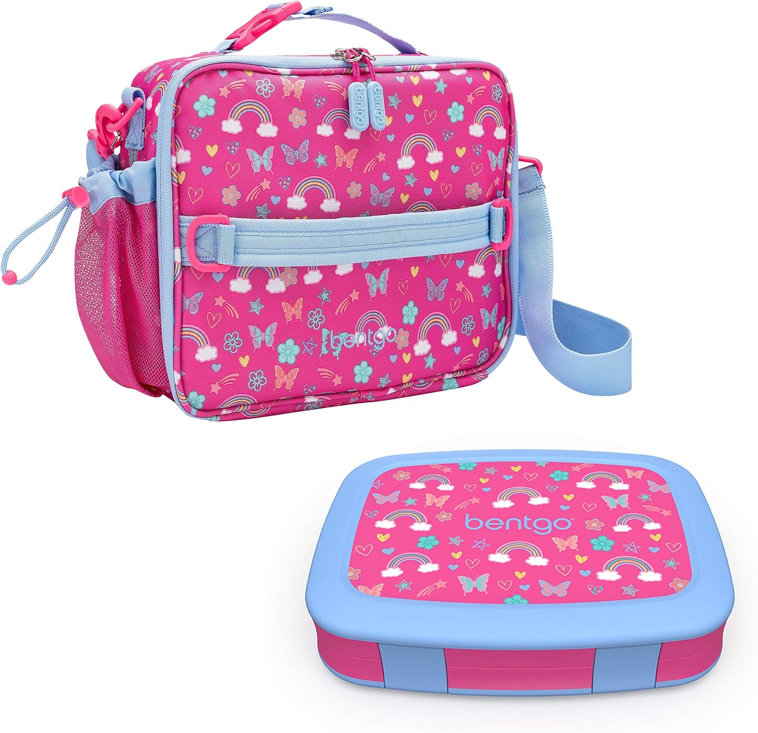 Bentgo Prints Insulated Lunch Bag Set With Kids Bento-Style Lunch Box (Rainbows and Butterflies)