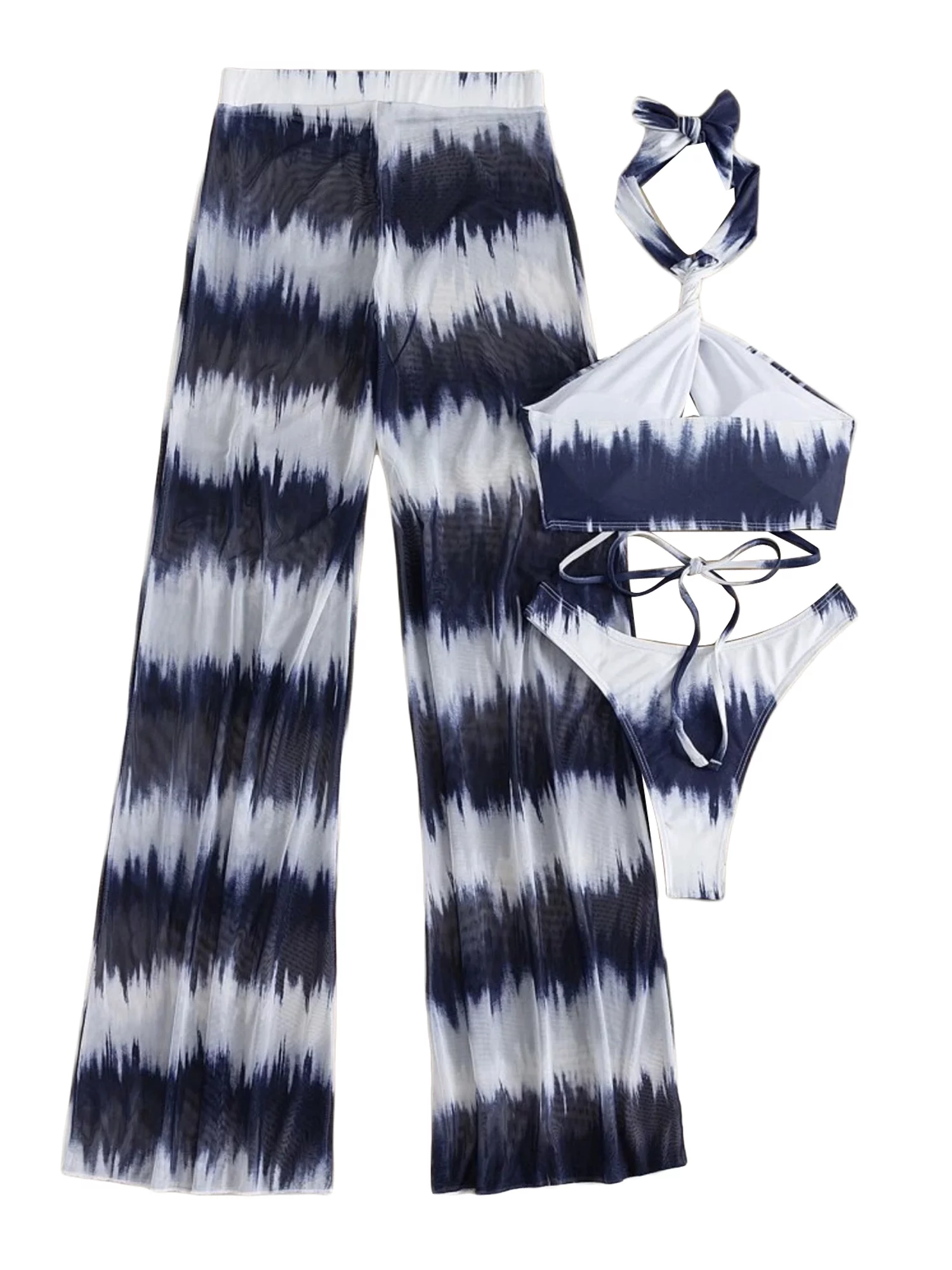 Arvbitana Women 3 Pcs Bikini Sets Criss Cross Halter Neck Bra Panties Cover Up Pants Sets Swimsuits S-L