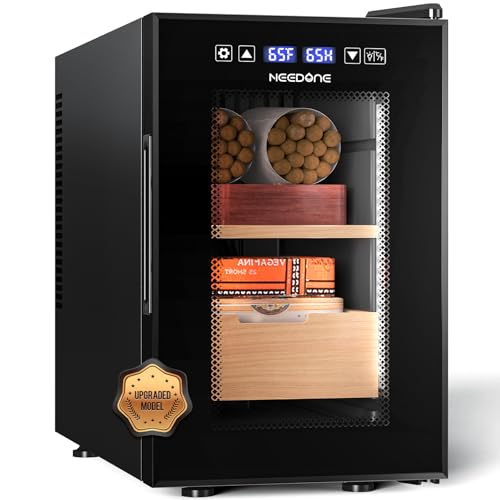 NEEDONE Electric Cigar Humidor 23L pro, Humidity, Heating, Cooling Quiet Smart Control, Thermostatic Cabinet for 150 Counts w/Spanish Cedar Wood Shelves Drawer, Hygrometer, Gifts for Men