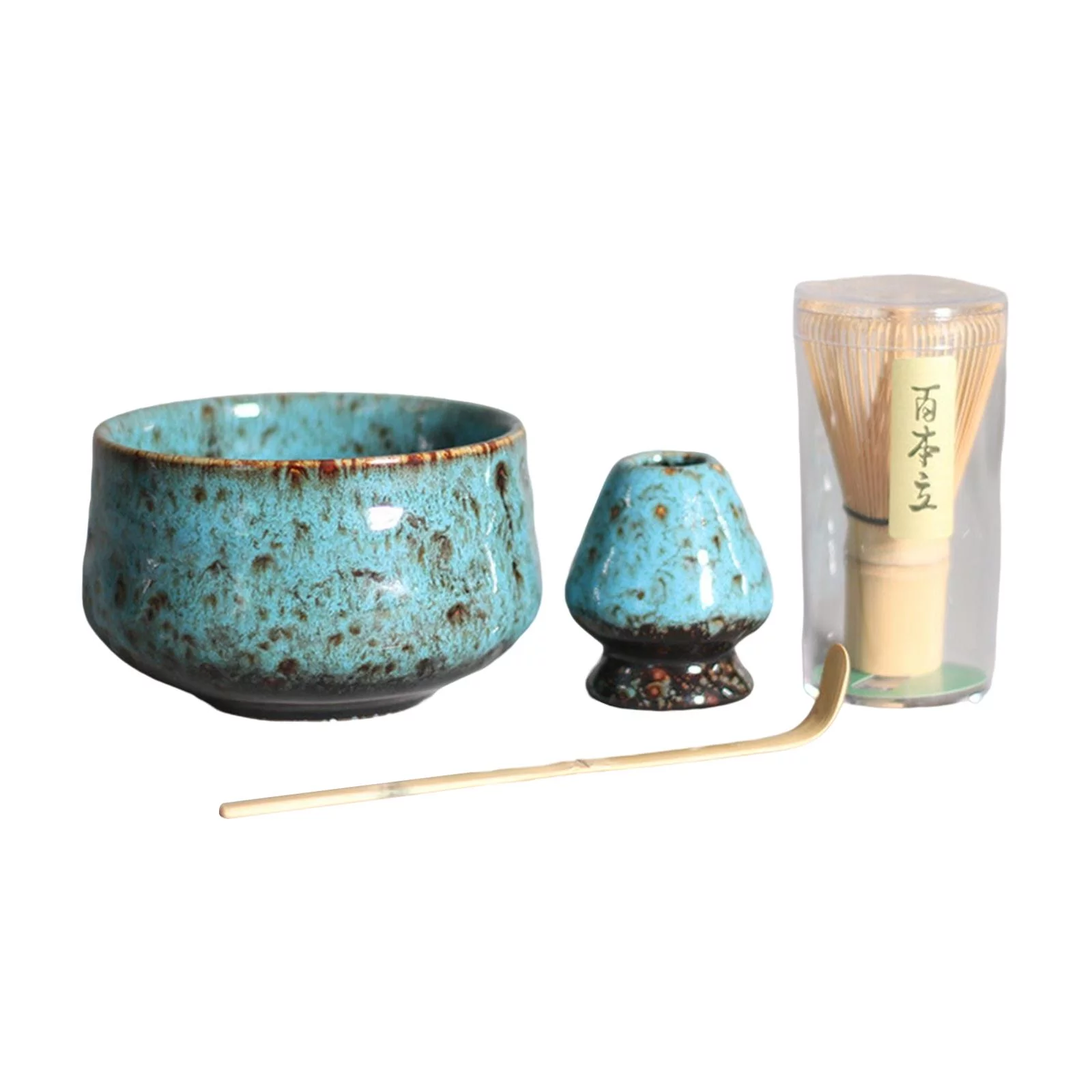 4 Pieces Matcha Set Tea Spoon Traditional , Matcha Bowl, Whisk Holder, Ceramics Blue