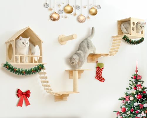 Cat Wall Shelves 9pc, Wall Mounted Cat Climbing Shelves, Wooden Cat Furniture with 2 Condo Houses, 3 Perches, 2 Bridge Ladders and 2 Scratching Posts