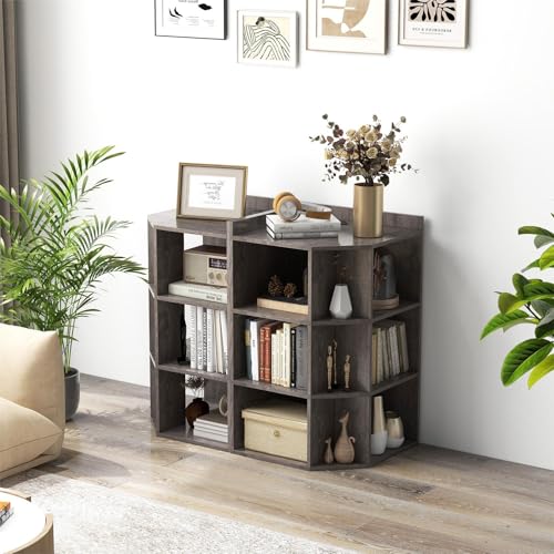 9 Cube Corner Cabinet, 3-Tier Wooden Cubby Corner Bookshelf with Charging Station, 2 USB Ports & 4 Outlets, 90 Degree Cube Storage Organizer Bookcase for Living room, Bedroom & Playroom (White)