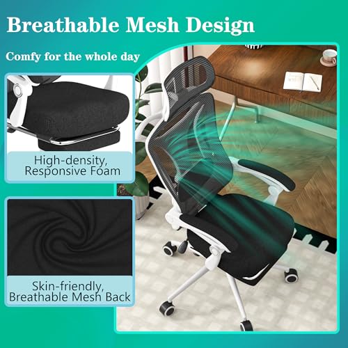 Ergonomic Office Chair - Adjustable Lumbar & Headrest, 90-160° Reclining with Footrest, Breathable Mesh Back - Home Office/Gaming Computer Chair (Black, 300lbs Capacity)