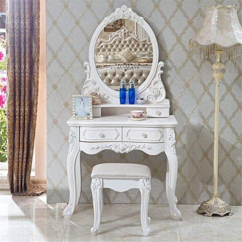 Luxury Dressing Vanity Table w/Stool for Bedroom, 2 in 1 Makeup Vanity Desk European Style Dressing Table Mini Dressing Desk Solid Carved Table with Stool(100cm)