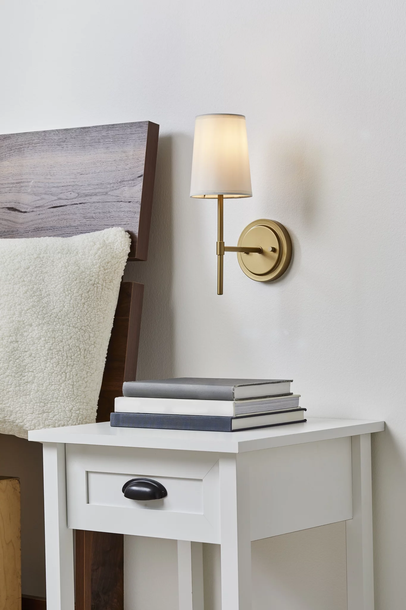 Better Homes & Gardens 1 Light Wall Sconce,Burnished Brass,White Fabric Shade,Bulb Not Included