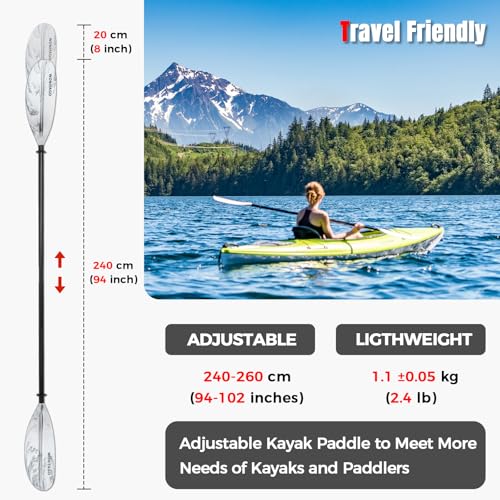 Kayak Paddles with Alloy Shaft and PP Blade, Floating Kayaking Oars, Adjustable 230-250 cm/90-98 Inches, 210-230 cm/82-90 Inches