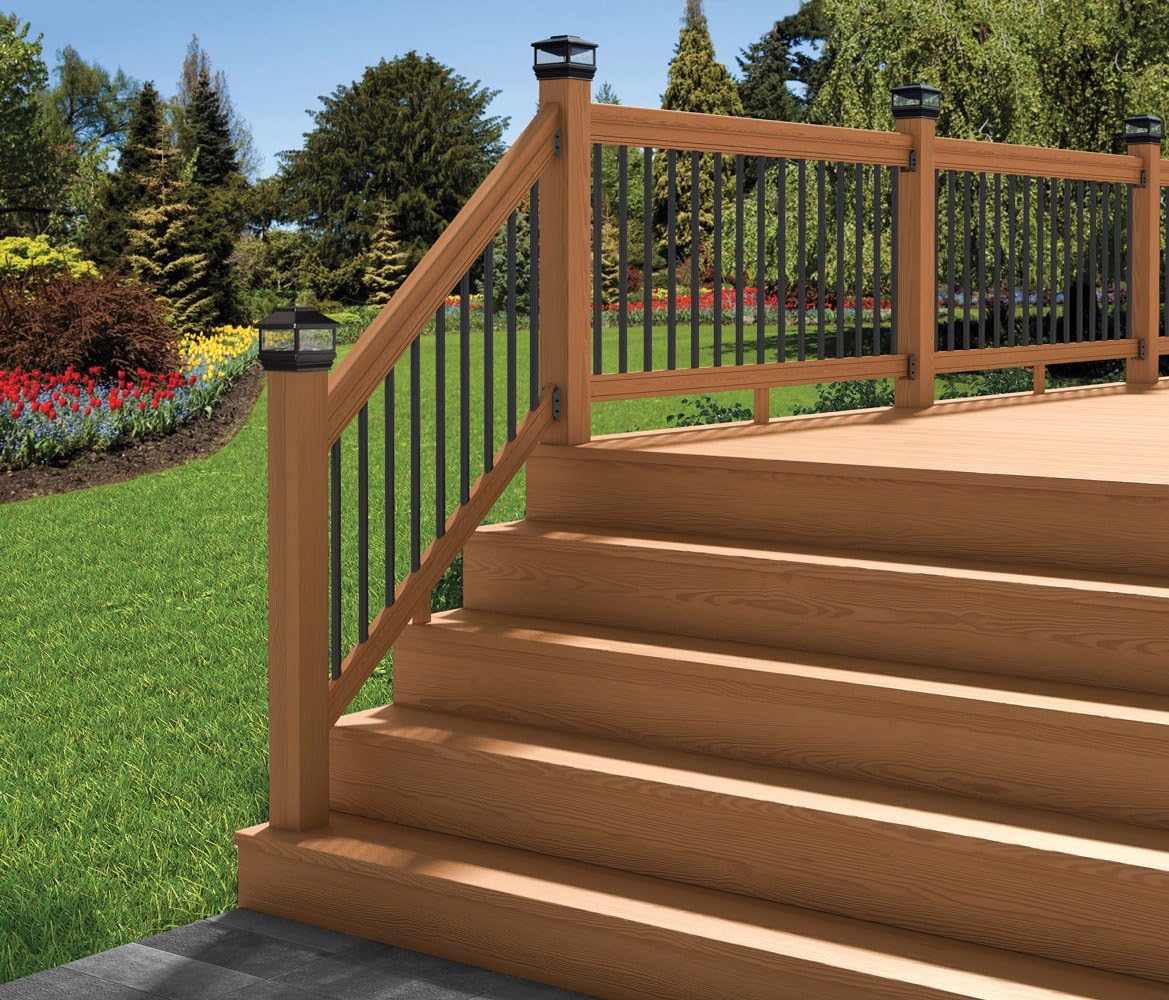 6 ft. Pressure-Treated Cedar-Tone Stair Deck Railing Kit with Black Aluminum Balusters, Pre-cut, Pre-stained, Pre-drilled