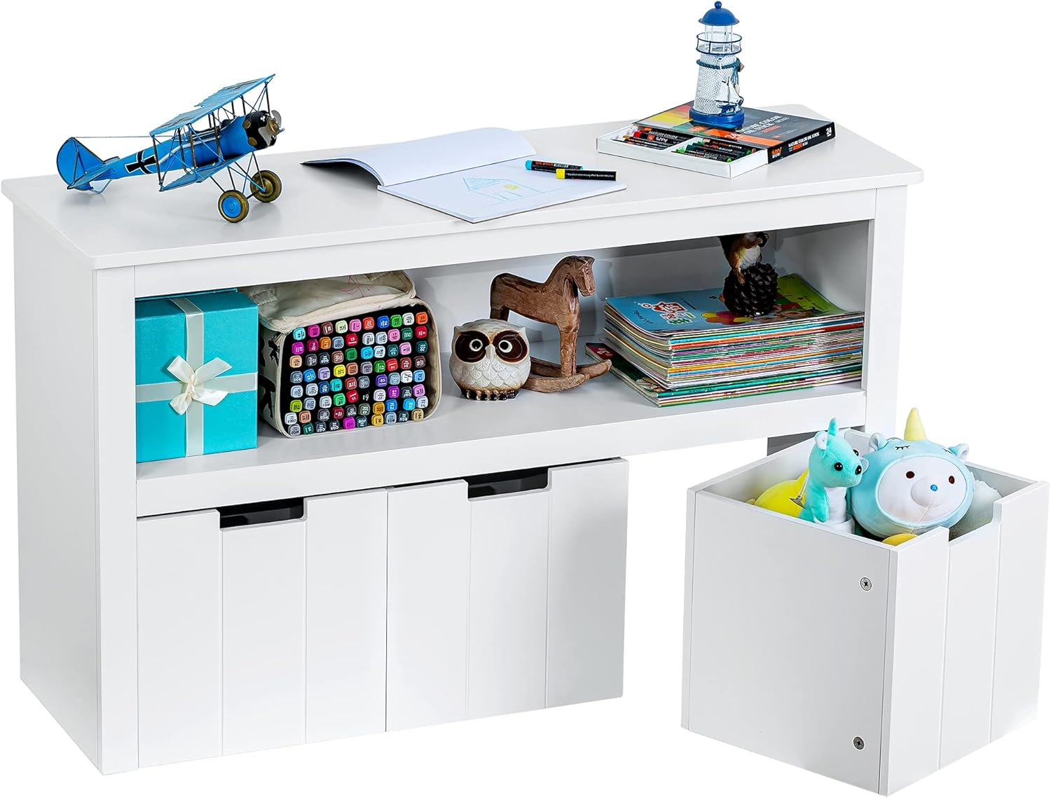 ZENODDLY Kids Toy Storage Organizer for Kids Room Organizers and Storage - 3 Drawers with Hidden Wheels, Multifunctional Wooden Kids' Bookcases, Cabinets & Shelves for Playroom Storage, White