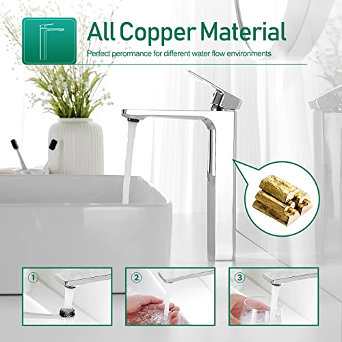 VOTON Vessel Sink Faucet Matte Black Tall Bathroom Faucet Single Handle Vanity Bathroom Sink Faucet 1 Hole Basin Mixer Tap with Water Supply Hose and Pop Up Sink Drain