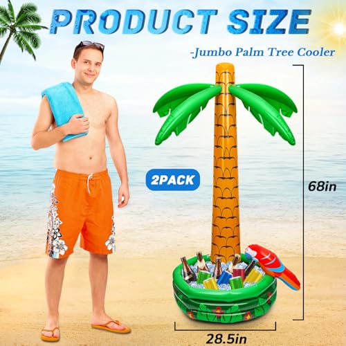 Deekin 4 Pcs Inflatable Palm Tree Cooler Blow up Palm Trees Jumbo Inflatable Hawaiian Luau Party Decorations Include 2 Sets 68 Inch Floating Cooler and Hawaiian Flowers Garland for Beach Pool Party