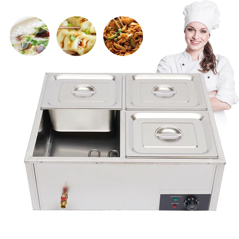 4 Pans Bain Marie Commercial Food Warmer Buffet Steam Table Steamer Countertop Food Warmer Steam Table Restaurant Equipment Electric Bain Marie Commercial Food Warmer Buffet Steam Table