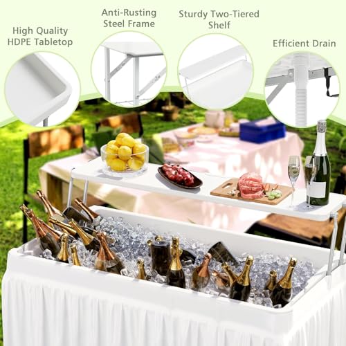 LHBcraft Folding Party Ice Cooler Table with Extra Storage Shelf, Portable Tailgate Camp Fishing Cleaning Table, Ice Table with Removable Skirt & Drain Hose, Cooler for Camping, Picnic,BBQ, White