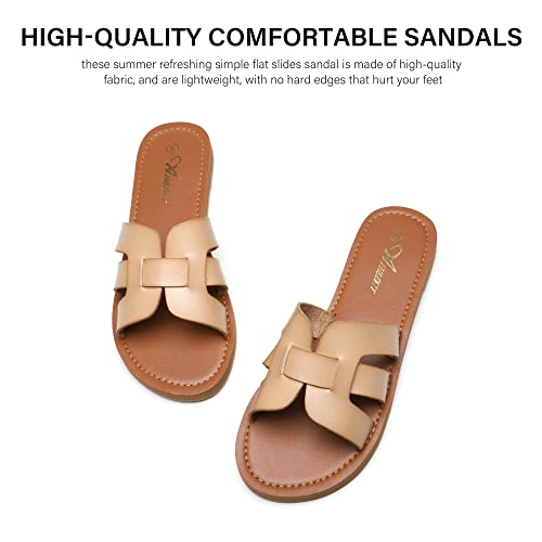 Athlefit Women's Flat Sandals Summer Casual Slip On Leather Slide Sandal