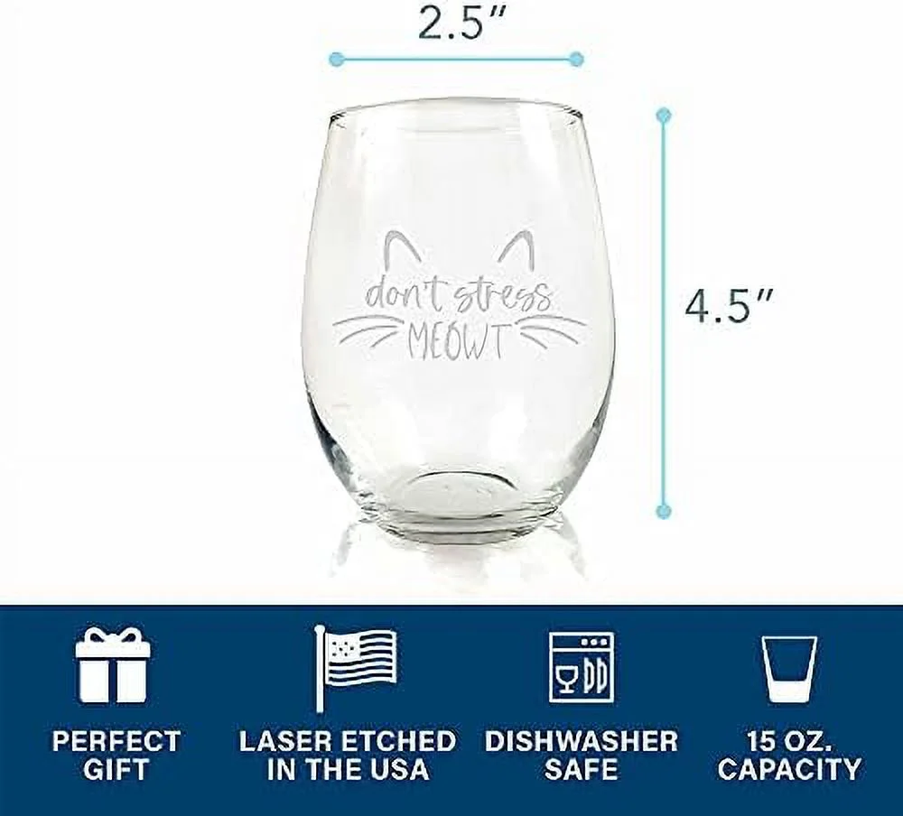 Dont Stress Meowt Cat Lover Stemless Wine Glass - Kitten, Cat Lover, Cat Gift, Pet Gift, Cat Wine Glass